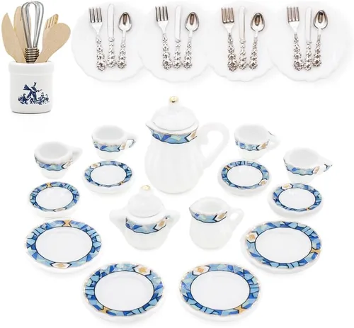 Odoria 1/12 Juego de té de porcelana en miniatura Platos y cubiertos Utensilios de cocina Accesorios para casa de muñecas, azul mediterráneo