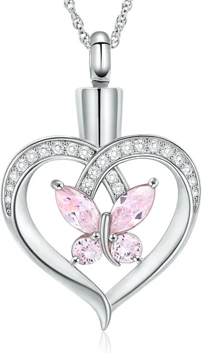 Miniatura 37 de Imrsanl Collares de urna de mariposa para mujeres y niñas, joyería de cremación con piedra natal, colgante para cenizas humanas, medallón