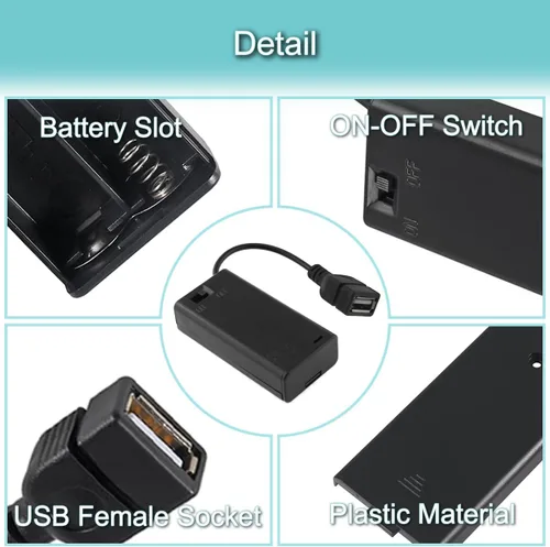 Miniatura 3 de 5 piezas Soporte de caja de batería de 2 AA con enchufe USB hembra 2 AA Caja de batería de alimentación con interruptor de encendido/apagado