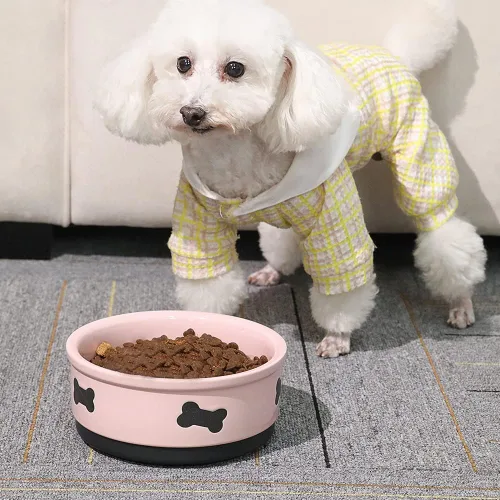 Miniatura 4 de Sweejar Cuencos de cerámica para perros con patrón de huesos, plato de comida para perros pequeños, cuenco de porcelana para agua de 16 onzas Rosa