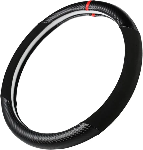 Miniatura 8 de Funda para volante de fibra de carbono + cuero con franjas deportivas en la parte superior, antideslizante y absorbente de sudor, ajuste universal