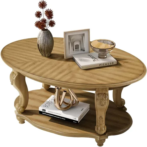 Miniatura 18 de Mesa de café ovalada de madera para sala de estar, mesa de café de dos niveles de madera maciza con estante de almacenamiento abierto, mesa