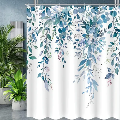 Miniatura 15 de Cortina de ducha extra larga de eucalipto gris y blanco de 84 pulgadas, cortinas de ducha de hojas florales grises para baño, cortina de baño