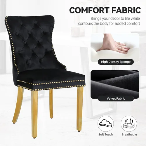 Miniatura 5 de Juego de 2 sillas de comedor de terciopelo, sillas de comedor modernas de lujo con patas de acero inoxidable doradas, sillas decorativas de cocina