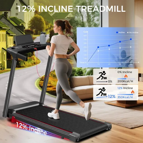 Miniatura 2 de Caminadora con inclinación 3 en 1 portátil, pequeña, para el hogar, con barra de apoyo, caminadora plegable de 3.0 HP, silenciosa, sin escobillas