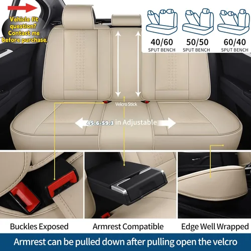 Miniatura 5 de Juego completo de fundas de asiento de automóvil, fundas de asiento de cuero beige, protectores transpirables para asientos delanteros y traseros