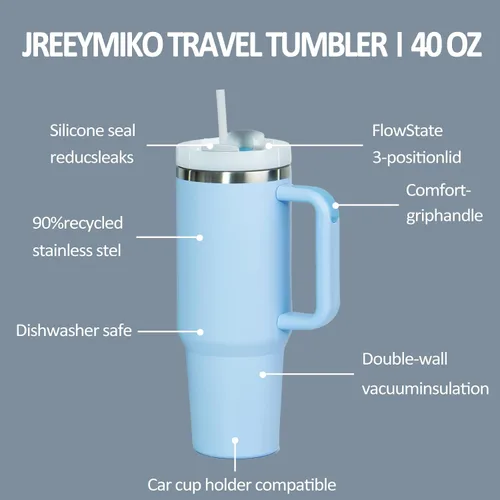 Miniatura 2 de Vaso de 40 onzas con asa y tapa con popote, Vasos aislados de acero inoxidable de pared doble con sello al vacío, Taza de viaje para bebidas frías