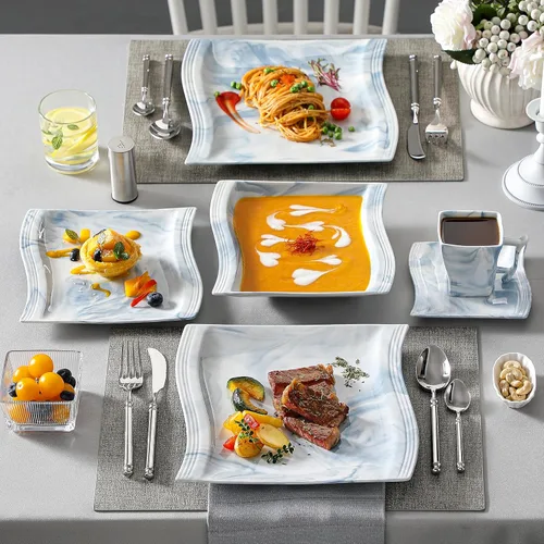 Miniatura 3 de MALACASA - Juegos de vajilla para 6, 30 piezas de platos y tazones de porcelana, juego de vajilla cuadrada con plato para cena y tazón, taza y Azul