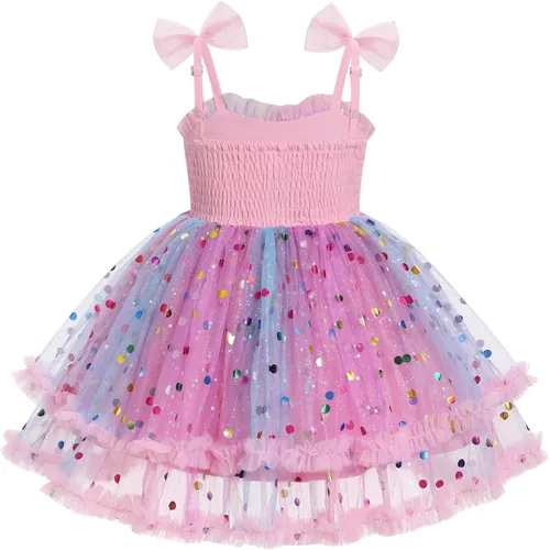 Miniatura 223 de IMEKIS Vestido de princesa de cumpleaños para niña pequeña, confeti brillante, bohemio, arco iris, pastel, sesión de fotos, traje para 1-6T