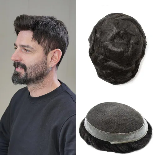 Miniatura 116 de Toupee para hombres Sistema de reemplazo de cabello humano real pieza de cabello humano para hombres encaje suizo para hombre Toupee Hair Pieces