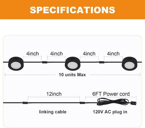 Miniatura 6 de LUMILAND Luces LED de disco con cable de 120 V (2.7Wx3) Plug-in iluminación blanco cálido, luz LED para gabinete para cocina, puede ser montaje