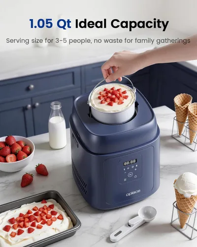 Miniatura 5 de Compresor 4 en 1 para hacer helados (1.0 cuartos de galón), sin precongelación, máquina automática de yogur, máquina de servir yogur congelado Azul