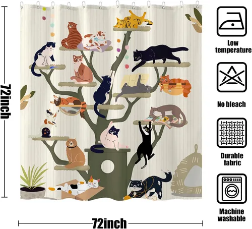 Miniatura 6 de Cortina de Ducha Divertida de Gato Lindo Divertido Árbol de Gato de Dibujos Animados Cortinas de Ducha para Baño Boho Anime Gatitos Niños Granja