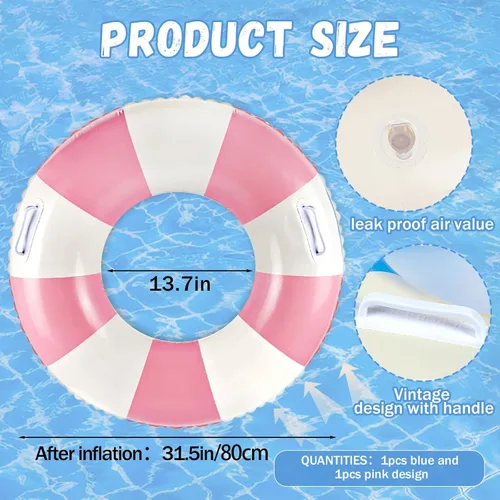 Miniatura 2 de Flotadores clásicos de piscina a rayas con asa, tubos inflables de rayas azules y blancas para anillos de natación grandes flotantes para adultos