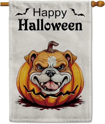 Miniatura 25 de Bandera de jardín de bulldog de Halloween de 12.5 x 18 pulgadas, vertical, doble cara, calabaza de Feliz Halloween, linda cachorro, decoración