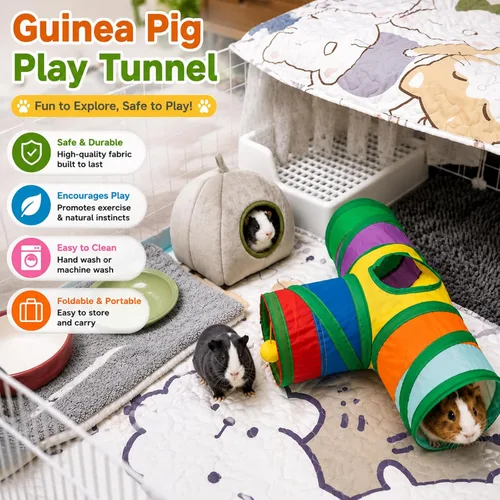 Miniatura 5 de Rypet Túnel de conejillo de indias plegable de 3 vías para mascotas pequeñas y tubos con bola interactiva para bebé, conejo, hurón, hámster, Arcoíris