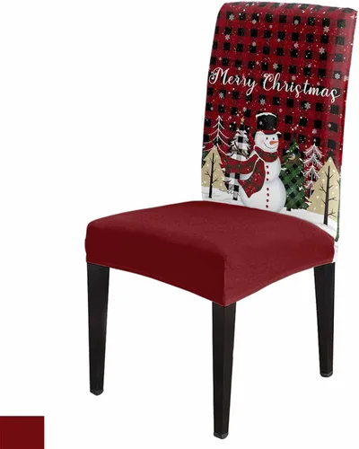 Juego de 4 fundas navideñas para sillas de comedor, diseño de muñeco de nieve con árbol de Navidad, copos de nieve, cuadros rojos, extraíble,