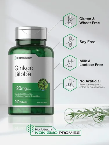 Miniatura 4 de Horbäach Ginkgo Biloba Suplemento 120 mg 240 tabletas Extracto de hierbas estandarizado con glucósidos de flavona Vegetariano, sin OMG y sin