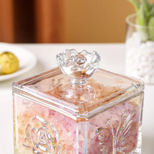 Miniatura 4 de WHJY Lindo tarro de cristal para dulces con tapa, tarro de cristal iridiscente para escritorio de oficina, platos de dulces coloridos para bufé