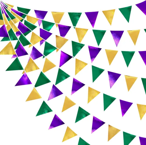 Miniatura 71 de Decoración de fiesta iridiscente de 33 pies, tela holográfica, banderín triangular, banderín de algodón, guirnalda de banderines para cumpleaños