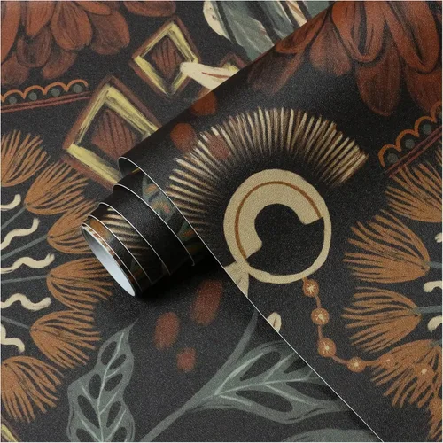 Miniatura 6 de HAOKHOME Papel tapiz para despegar y pegar, floral, bohemio, marrón, melocotón, verde, decoración de pared retro, mural extraíble de baño, 17.3
