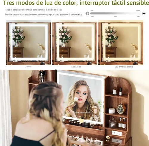 Miniatura 7 de Arulvmrn Escritorio de maquillaje de 43 pulgadas con espejo y luces, y toma de corriente, mesa de tocador grande con parte superior de vidrio con 9