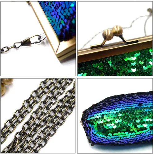 Miniatura 5 de Mini bolso de mano de noche con lentejuelas de sirena con purpurina para mujer, correa de cadena, bolso cruzado con candado para besar