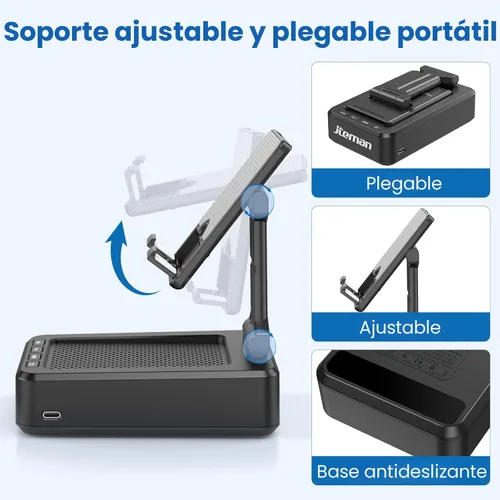 Miniatura 6 de JTEMAN Soporte para teléfono celular con altavoz Bluetooth, sonido estéreo HD y base antideslizante, soporte plegable ajustable para teléfono