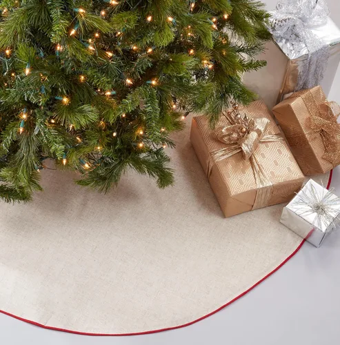 Miniatura 6 de SARO LIFESTYLE Falda de lino para árbol de Navidad – Colección Toscana – Natural con ribetes dorados – Decoración clásica de granja navideña, 56
