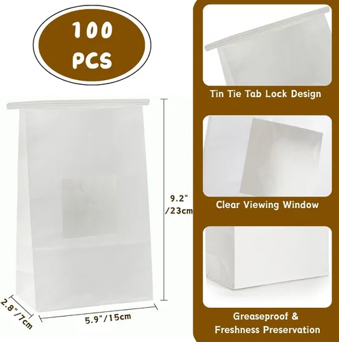 Miniatura 2 de AVLA Paquete de 100 bolsas de panadería con ventana, bolsa de galletas de 5.9 x 2.8 x 9.2 pulgadas, bolsas de papel kraft blanco, bolsas de bloqueo