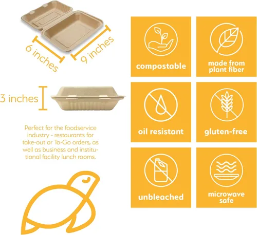 Miniatura 2 de Recipientes desechables 100% compostables con tapas [9 x 6 pulgadas paquete de 50 unidades] Recipientes ecológicos para llevar, resistentes