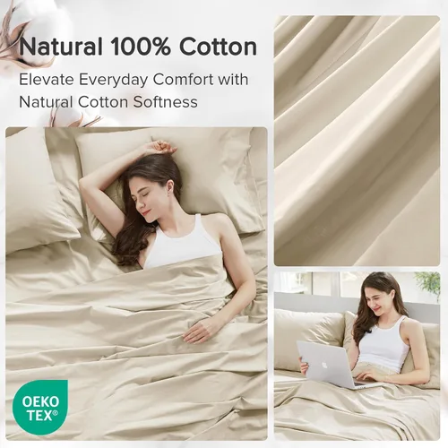 Miniatura 5 de Comfort Spaces Sábanas 100% algodón tamaño King, transpirables y ultra suaves, sábanas de algodón naturalmente fresco con bolsillo elástico de 14