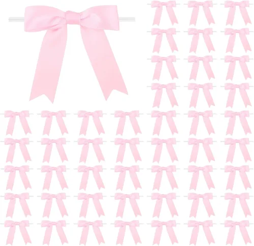 Meseey 50 lazos de satén de 3 pulgadas, color rosa perla, preatados, para bolsas de golosinas, cesta de envoltura de regalo, boda, baby shower,