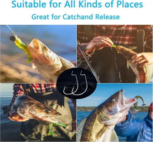 Miniatura 6 de Afmivs Ganchos de gusano para anzuelos de pesca de lubina, 110pcs anzuelos de lubina para pesca, 6 tamaños de ganchos de pesca de agua dulce