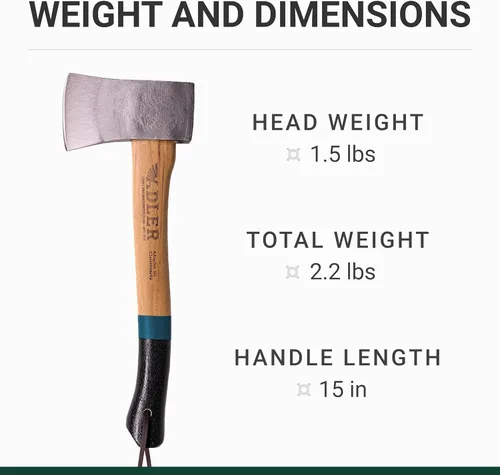 Miniatura 5 de Adler Yankee Hatchet - Hacha de senderismo forjado alemán con mango de nogal antideslizante de 15 pulgadas, cabeza de 1-1/2 libras, con funda