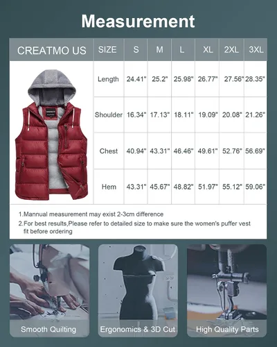 Miniatura 28 de CREATMO US Chaleco cálido para mujer, chaleco grueso acolchado sin mangas con capucha desmontable