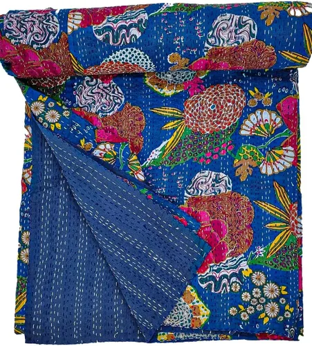 Miniatura 16 de Manta Kantha de retazos bohemios, manta de cama bohemia tamaño King, colcha Kantha con estampado de frutas, funda de cama Kantha hecha a mano Beige