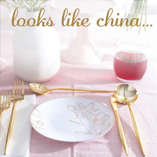Miniatura 3 de PLASTICPRO Platos de plástico blanco con diseño floral con borde dorado, platos desechables elegantes y pesados de primera calidad