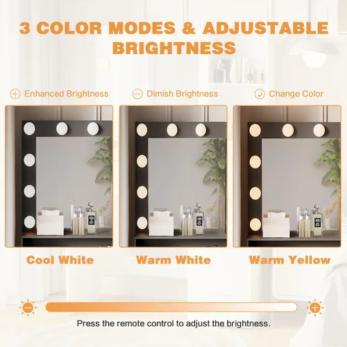 Miniatura 7 de YESHOMY Escritorio de tocador con espejo, toma de corriente y 10 luces, mesa de maquillaje con 4 cajones, 3 modos de color disponibles para Negro