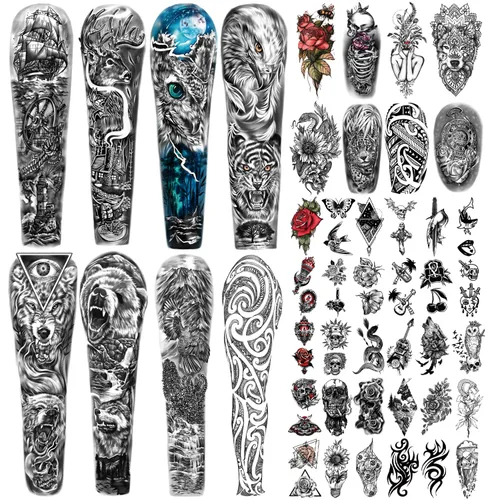 Miniatura 6 de Yazhiji Tatuajes temporales extragrandes, 8 hojas de tatuajes falsos de brazo completo y 8 hojas de pegatinas de tatuaje de medio brazo para hombres