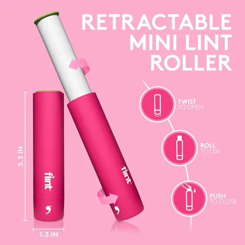 Miniatura 2 de Flint Mini rodillo retráctil rosa clásico con 90 hojas extra adhesivas, rodillo de pelusa pequeño y portátil, removedor de pelo de mascotas ideal