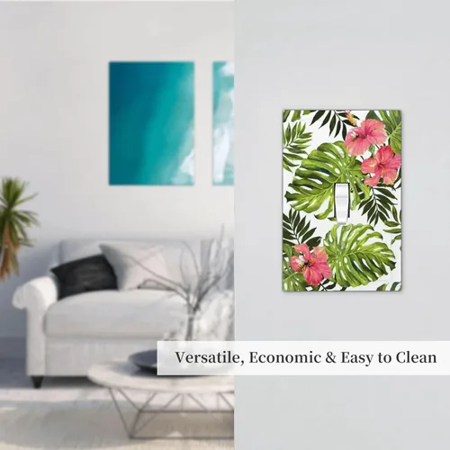 Miniatura 7 de Cubierta de placa de pared con palmera verde de planta tropical, cubierta de interruptor de luz de 1 cuadrilla, hojas de plátano, flores rosas