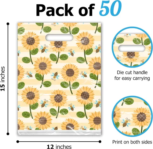 Miniatura 3 de Bolsas de mercancía de diseño de girasoles y abejas de 12 x 15 pulgadas, 50 unidades, con asas troqueladas, bolsas de compras impresas de primera