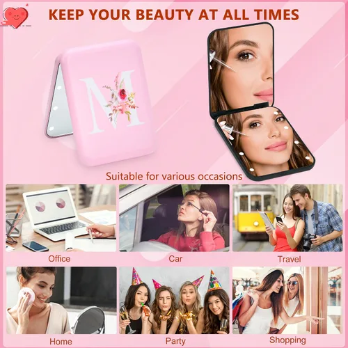 Miniatura 6 de Espejo compacto personalizado con inicial y luz, espejos de bolsillo LED para regalos informales, espejo de viaje con aumento 1X/3X, espejo pequeño