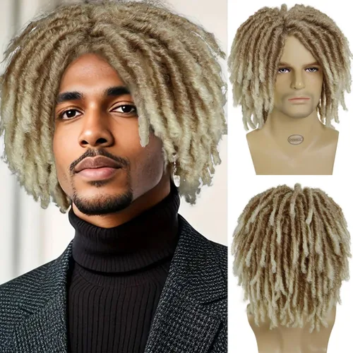 Miniatura 11 de GNIMEGIL Peluca de rastas cortas de 14 pulgadas para hombre, estilo afro bob, ombré, color marrón claro, cabello trenzado de ganchillo, pelucas