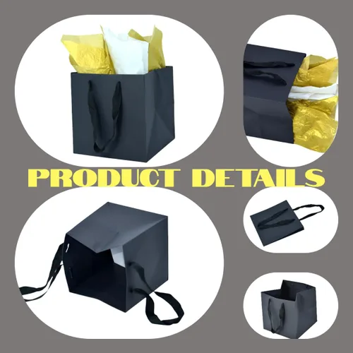 Miniatura 5 de JUNESHE Bolsas de regalo cuadradas pequeñas con papel de seda, color negro, paquete de 2, 5.9 pulgadas Bolsas de papel con asas para cumpleaños