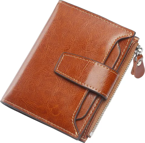 Miniatura 39 de Lavemi Pequeña cartera compacta para mujer, con bloqueo RFID, de piel auténtica, plegable, con ventanas de identificación