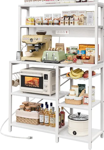 Miniatura 14 de SUPERJARE Estante de panadería con toma de corriente, barra de café de 35.4 pulgadas con canasta de alambre, soporte para microondas de cocina con 6