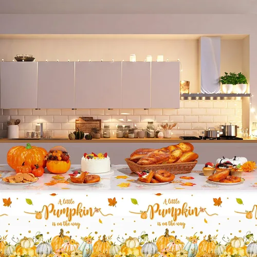 Miniatura 8 de WovWeave Paquete de 3 manteles de calabaza pequeña para decoración de fiesta de baby shower de otoño para niños y niñas, fundas de mesa para Acción