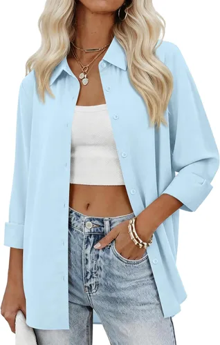 Miniatura 20 de siliteelon Camisas con botones para mujer, camisas de vestir sólidas, de manga larga, cuello fluido, para trabajo, oficina, negocios, blusas de gasa